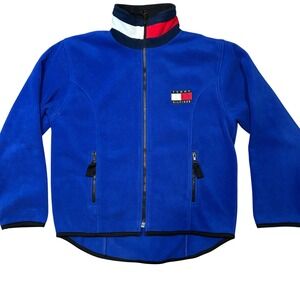 Tommy Hilfiger Mens Vintage Fleece Jacket Blue Full Zip Colorblock Mock Neck M